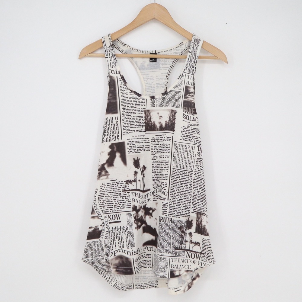 Manfinity Newspaper Print Racerback Tank Top Black White Graphic Size M
